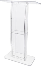Load image into Gallery viewer, Acrylic Podium, 47&quot; Tall, Clear Acrylic Podium Stand with Wide Reading Surface &amp; Storage Shelf, Floor-Standing Clear Pulpits Acrylic for Church Office School
