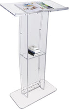 Load image into Gallery viewer, Acrylic Podium, 47&quot; Tall, Clear Acrylic Podium Stand with Wide Reading Surface &amp; Storage Shelf, Floor-Standing Clear Pulpits Acrylic for Church Office School
