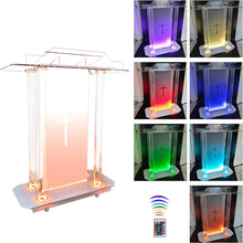 Load image into Gallery viewer, Church Pulpit with Wheels,Church Podium with Led Light,Acrylic Church Podium with Rollers&amp; Vertical Reading Platform, 46”Elegant Transparent Lecterns for Churches Entrance, Classroom (39.4”L*15.7”W *45.7”H)
