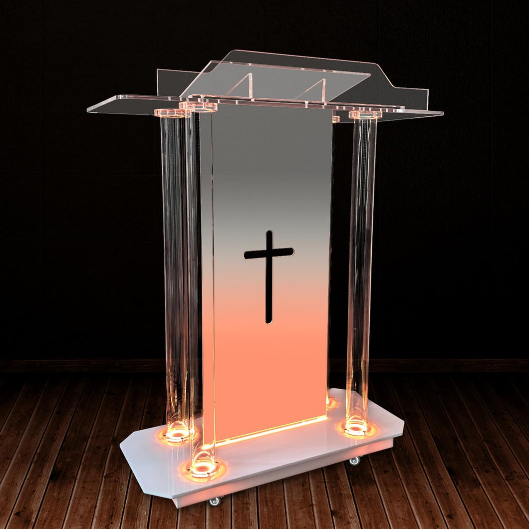 Church Pulpit with Wheels,Church Podium with Led Light,Acrylic Church Podium with Rollers& Vertical Reading Platform, 46”Elegant Transparent Lecterns for Churches Entrance, Classroom (39.4”L*15.7”W *45.7”H)
