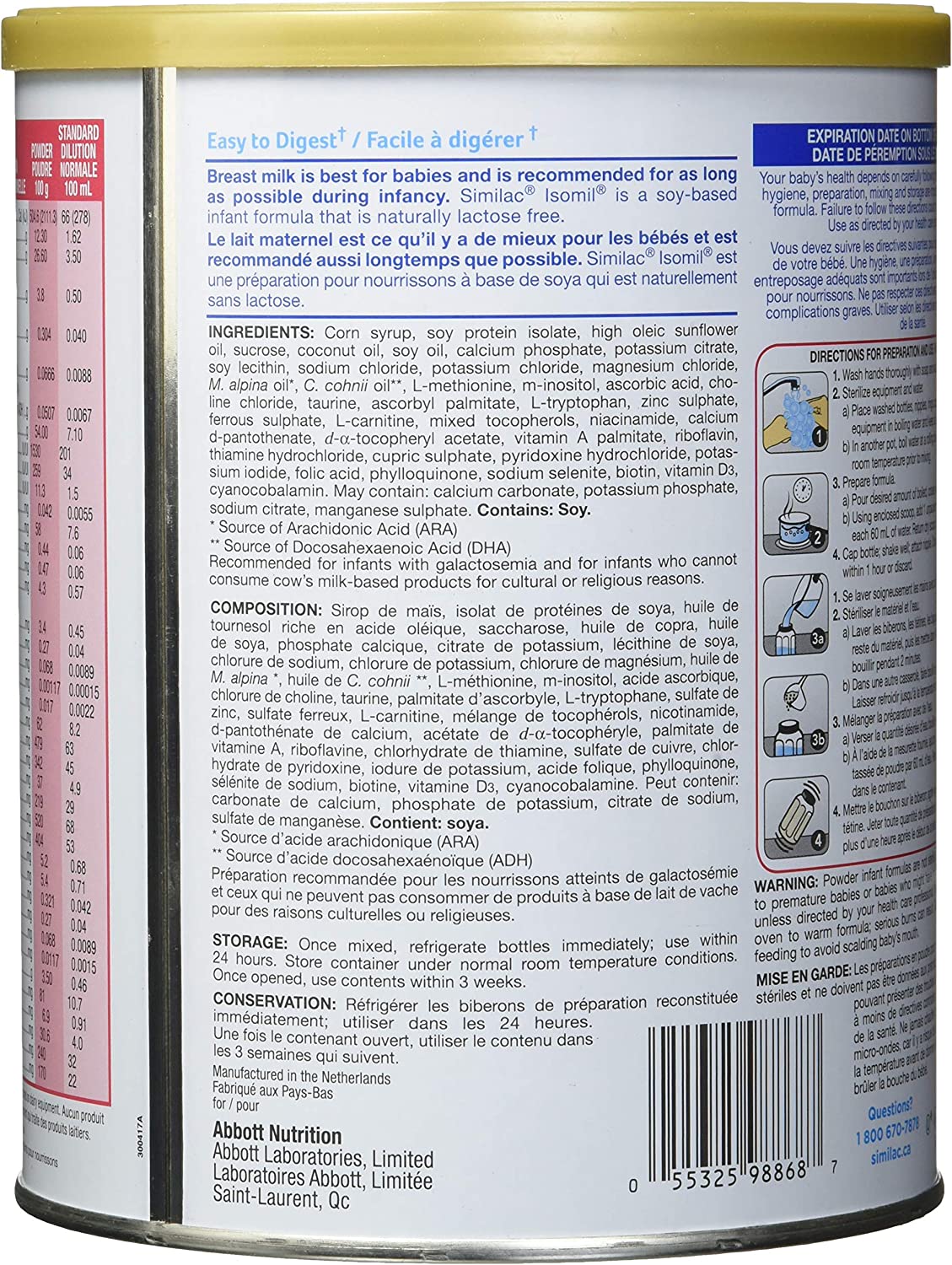 Similac Isomil with DHA Non-GMO Baby Formula, Powder, Lactose-Free, 800 g, 0+ Months