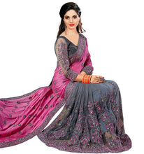 将图片加载到图库查看器,Stylish Multicolored Chiffon Embroidered Saree with Blouse piece