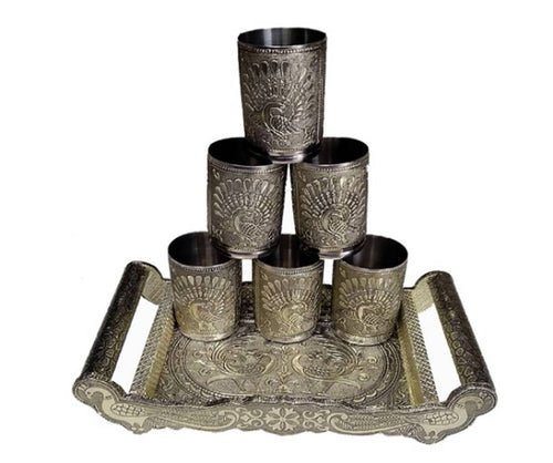 German Oxidised Steel Serving Tray with Matching Glass 6 Set 12x6.5 (silver)(Peacock)