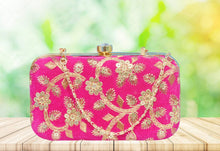Load image into Gallery viewer, Trendy Velvet Party Wear Bridal Box Clutch With Metal Sling Chain