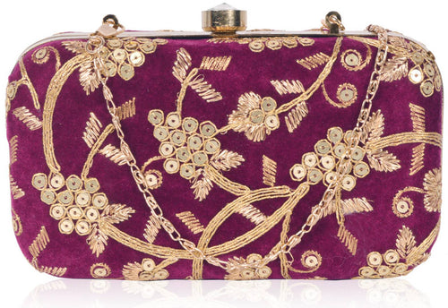 Trendy Velvet Party Wear Bridal Box Clutch With Metal Sling Chain