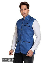 Cargar imagen en el visor de la galería, Stylish Jute Cotton Nehru Jacket/Waistcoat For Men- Blue