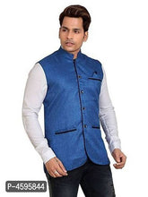 Cargar imagen en el visor de la galería, Stylish Jute Cotton Nehru Jacket/Waistcoat For Men- Blue