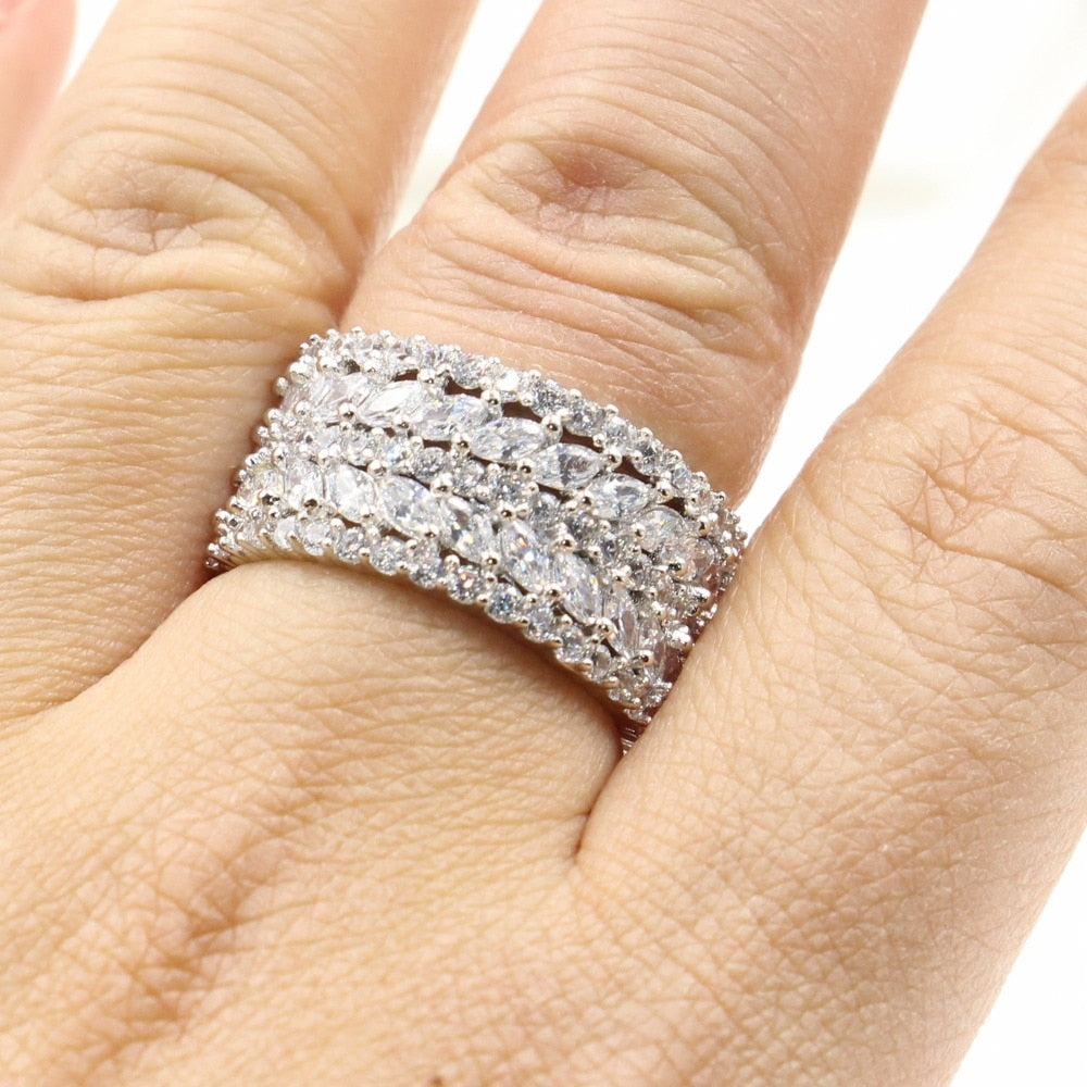 Sparkling Luxury Jewelry 925 Sterling Silver Marquise Cut White Clear 5A Cubic Zirconia Women Wedding Band Ring