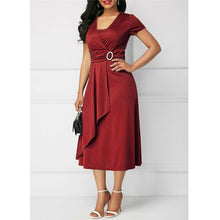 Load image into Gallery viewer, Women's V Cross Neck Midi Party Dress Summer Elastic Sashes Solid Dress Loose Short Sleeve Vestidos Plus Size 5XL