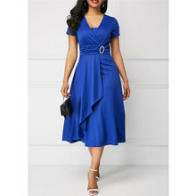 Load image into Gallery viewer, Women's V Cross Neck Midi Party Dress Summer Elastic Sashes Solid Dress Loose Short Sleeve Vestidos Plus Size 5XL