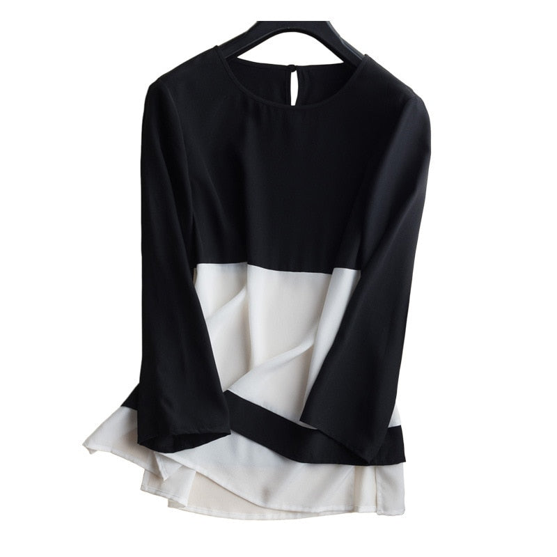 2019 Spring Nature Silk Long Sleeves Black and White Splicing T-shirt bottoming shirt Round neckline Women's Loose Jacket Top