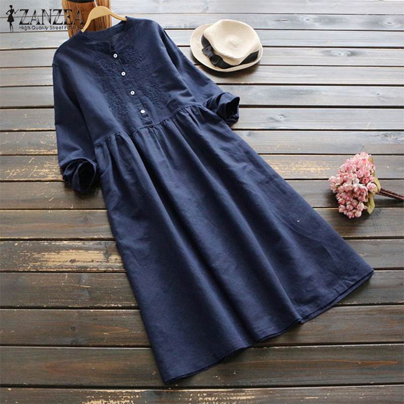 2020 ZANZEA Spring Women Long Shirt Dress Elegant Embroidery Long Sleeve Dresses Vintage Solid Cotton Linen Vestido Robe Femme