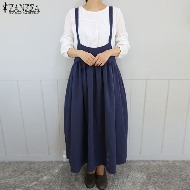 2020 ZANZEA Women Strappy Solid Long Dress Summer Sleeveless Suspenders Casual Pleated Cotton Linen Overalls Dress Sarafans Robe