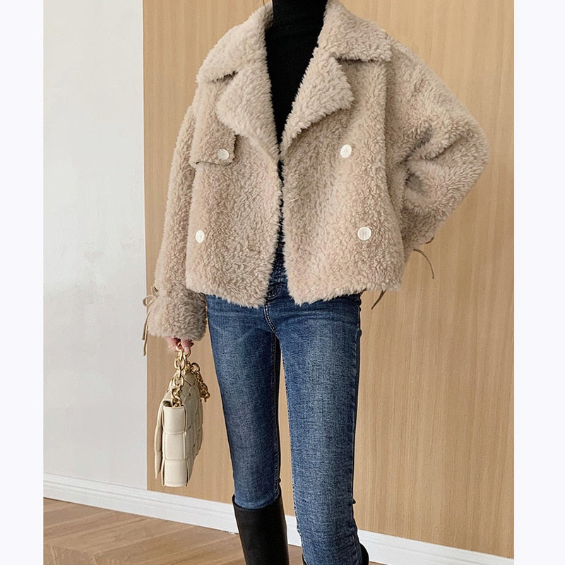 2021 New Fashion Lamb Sheep Sheared Fleece Short Coats Jackets Female Women Soft Wool Fur Warm Jackets Warm Outwear Size S M L