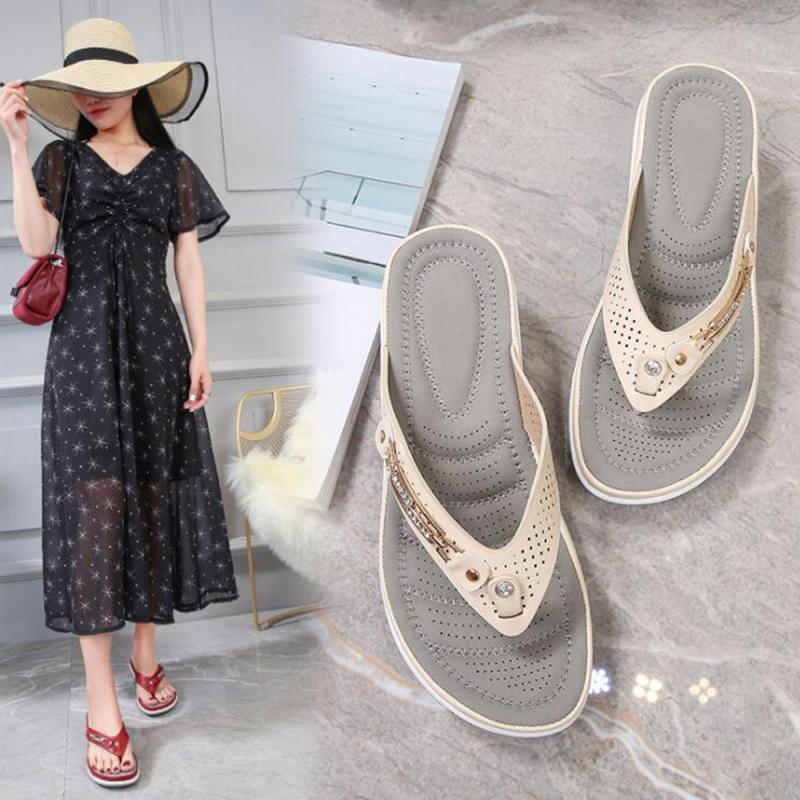 2021 Women's Slippers Summer New Fashion Metal Button Slides Shoes Wedge Beach Sandals Women Outside Platform Leisure Flip Flops