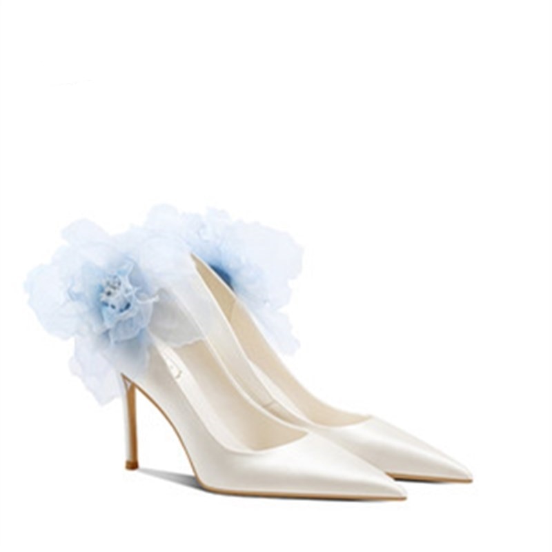 2021 spring new silk bridal wedding shoes stiletto high heel pointed shallow mouth banquet dress flower single shoes women