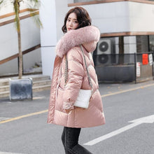 Cargar imagen en el visor de la galería, 2021 winter new down jacket large fur collar small thickened white duck down medium and long down jacket female