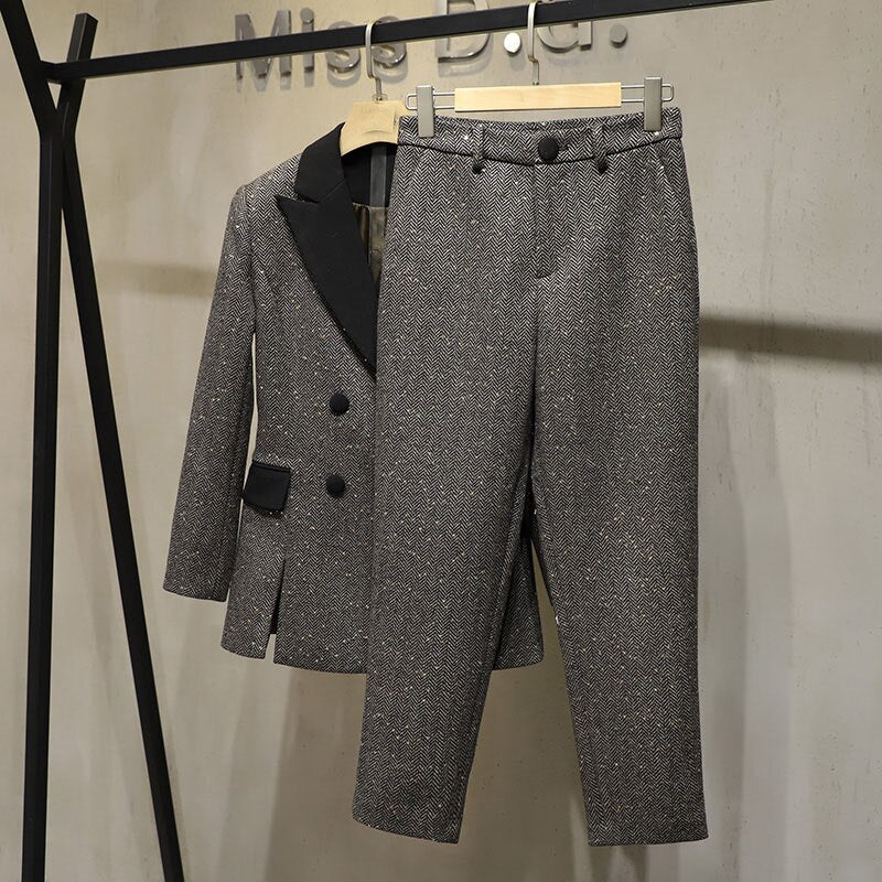 2021SS Spring High Quality Women Sequined Tweed Double Breasted Jacket Coat + Casual Long Trouse Pants