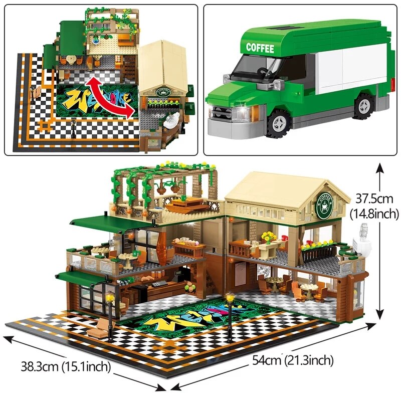 2059Pcs Miniature Mini Coffee Shop Model Building Blocks City Street View Casual House Figures Bricks Toys Children Children