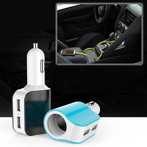 Dual USB Car Charger with access to Cigarette Lighter Port - Color: Blue