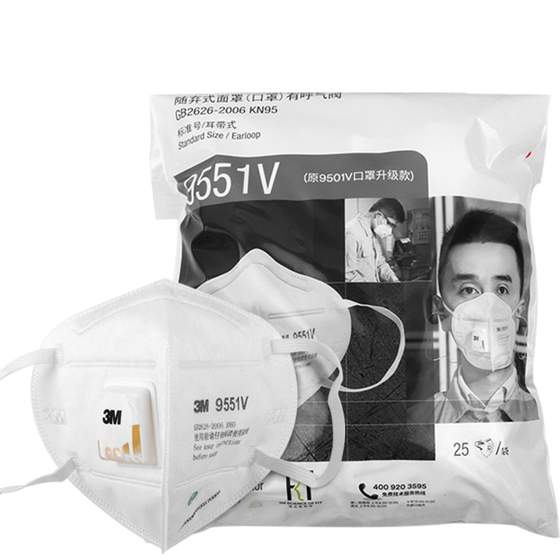 3M Earloop 9501V+ & Upgraded Version 9551V And Headband 9502V+ Flat Fold Style KN9 5 Particulate Respirator With Valve 25-Pack