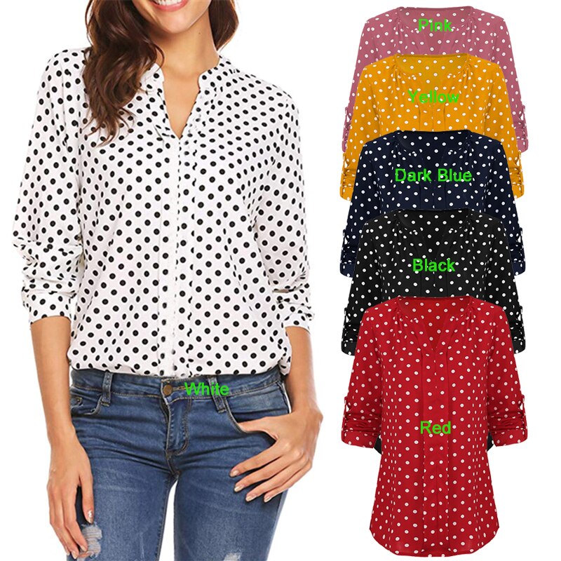 3XL 4XL 5XL Plus Size Tunics Women Blouse Shirt Vintage Polka Dot Tops V Neckline Rolled Long Sleeve Loose Elegant Blouse Ladies