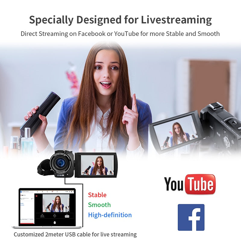 4K Digital HD Camcorder Vlog Camera Ordro AX60 3.5" IPS Screen 12X Optical Zoom YouTube Live Stream Video Cameras for Blogger