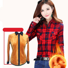 将图片加载到图库查看器,Velvet Warm Women's Plaid Shirt Female Long Sleeve Tops Plus Size Winter Pockets Check Blouse Blusas Femininas Chemise Femme 4XL
