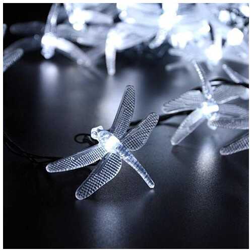 Solar Powered DragonFly LED Light String - Style: Bright White
