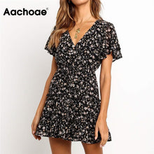將圖片載入圖庫檢視器 Aachoae 2020 Women Summer Dress Boho Style Floral Print Beach Dress Ruffles Elegant Party Dress Short Sleeve Sundress Vestiods