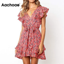 将图片加载到图库查看器,Aachoae Dress Summer 2020 Women Floral Print Sashes Beach Dress Boho Ruffles A-line Mini Sundress Elegant Party Dress Vestidos