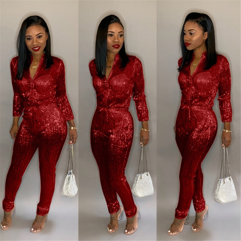 Adogirl S-3XL Gilding Women Jumpsuit Christmas Zipper Turtleneck Long Sleeve Fashion Casual Romper Club Party Overalls Jumper