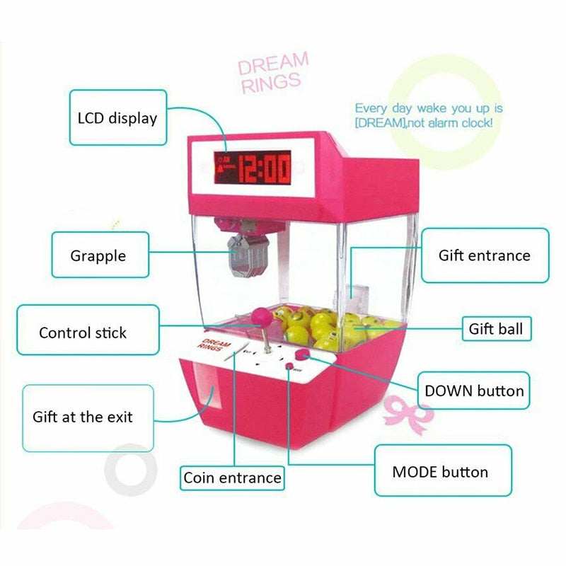 Alarm Clock Coin Operated Toy Machine Crane Machine Candy Doll Grabber Claw Arcade Games Automatic Mini Vending Kit Kids Gift