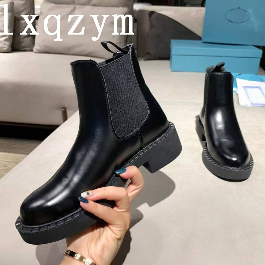 Ankle Boots Chelsea Women Genuine Cow Leather Platform Bootie Elastic Band Autumn Winter Ladies Shoes Handmade Brand Design