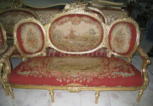 Cargar imagen en el visor de la galería, Antique Set of sofa and chairs, Antique handmade living room furniture, Aubusson sofa cover, woolen material Artificial carving