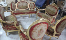 Cargar imagen en el visor de la galería, Antique Set of sofa and chairs, Antique handmade living room furniture, Aubusson sofa cover, woolen material Artificial carving