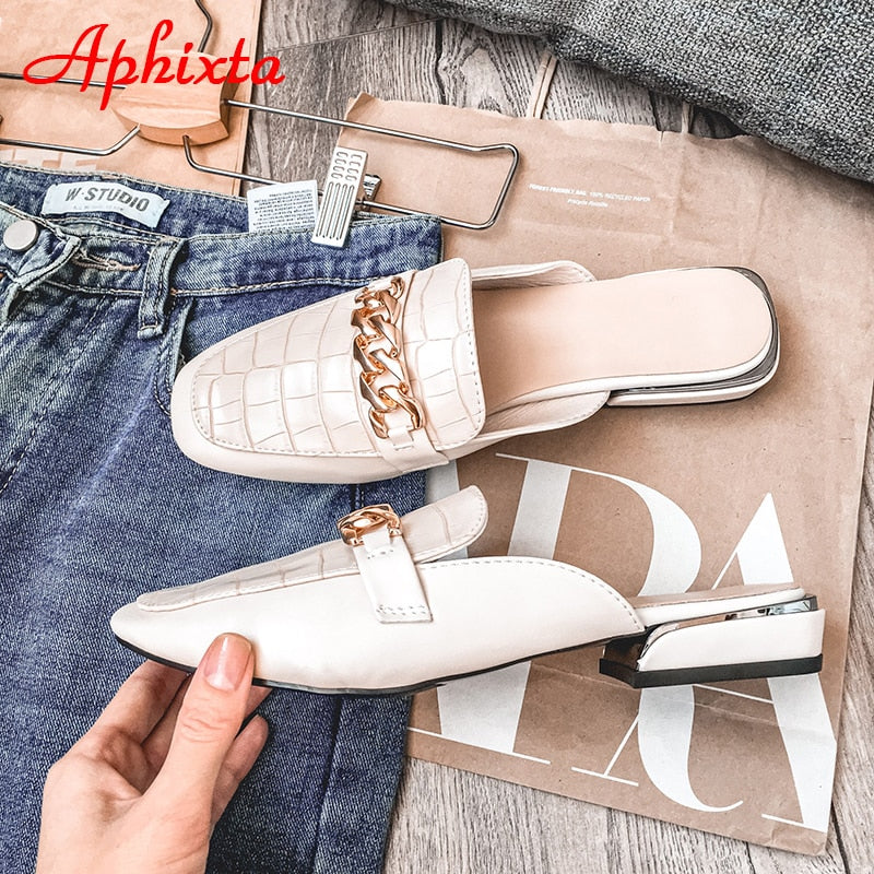 Aphixta 2021 New Chain Mules Women Slides Square Toe Ladies Striped Shoes Summer Fashion Footwear Plus Big Size 43 Slippers