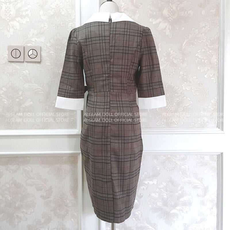 Notched Vintage Plaid Dress Bowknot Half Sleeve Knee-Length Bodycon Pencil Office Work Cloth Dress