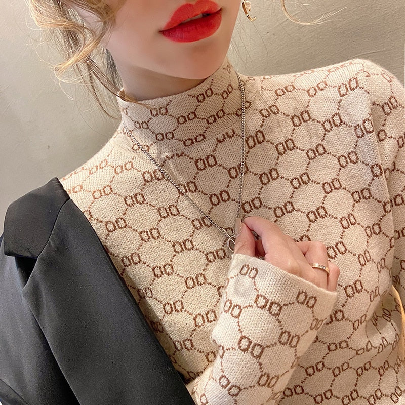 Women's Rib-Knit Stretchable Turtleneck Luxury Pull Sweater Letter O Warm Knitted Pullovers Y2k Jumper Tops