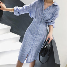 將圖片載入圖庫檢視器 Korean Style Slim Waist Striped Shirt Dress Long Sleeve Knee Length Ladies Elegant Midi Dress Vestidos Jurken