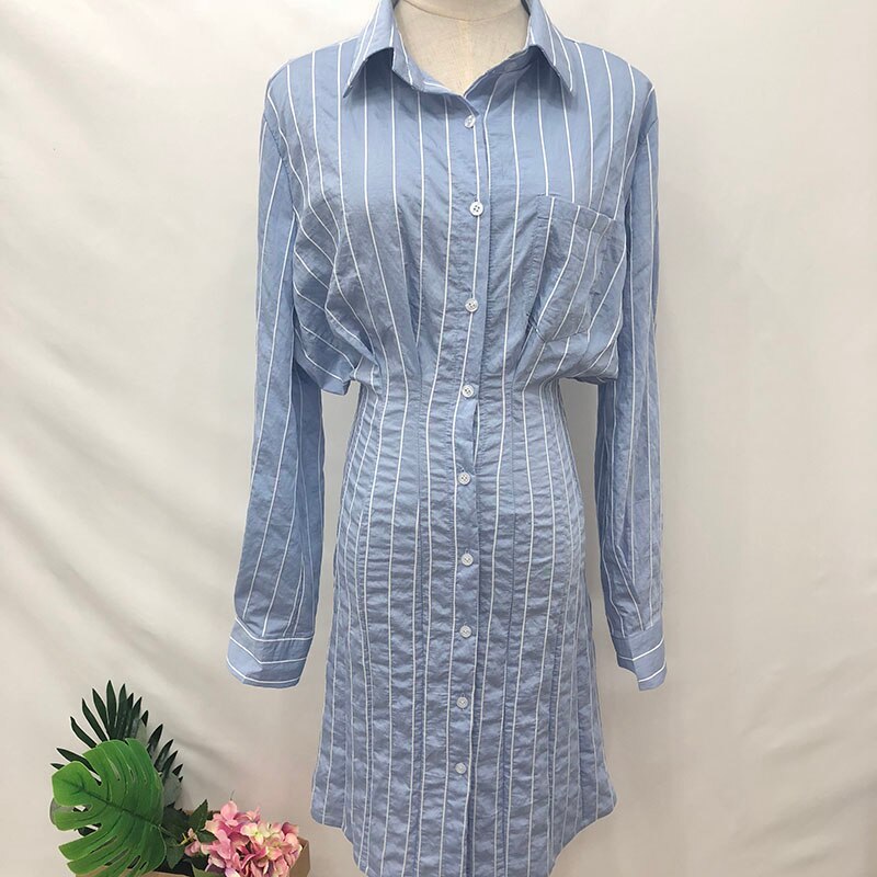 Korean Style Slim Waist Striped Shirt Dress Long Sleeve Knee Length Ladies Elegant Midi Dress Vestidos Jurken