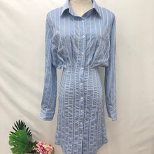 將圖片載入圖庫檢視器 Korean Style Slim Waist Striped Shirt Dress Long Sleeve Knee Length Ladies Elegant Midi Dress Vestidos Jurken