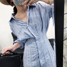 將圖片載入圖庫檢視器 Korean Style Slim Waist Striped Shirt Dress Long Sleeve Knee Length Ladies Elegant Midi Dress Vestidos Jurken