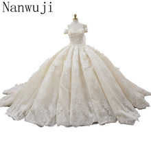 Load image into Gallery viewer, Ball Gown Luxury Wedding Dresses Arabic 2018 Real Photo 3D Floral Handmade Flowers Chapel Train Tulle Sleeveless Bridal Gowns