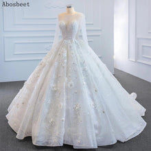 Load image into Gallery viewer, Ball Gown Wedding Dress Long Sleeve with 3D Flowers Sequins Pearls Beads Puffy Wedding Gowns for Bridal 2021 with Train Lace Up
