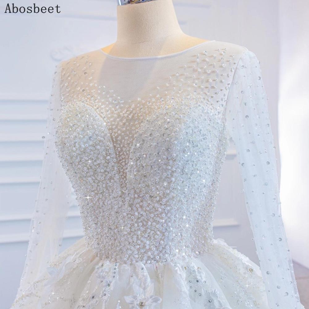 Ball Gown Wedding Dress Long Sleeve with 3D Flowers Sequins Pearls Beads Puffy Wedding Gowns for Bridal 2021 with Train Lace Up