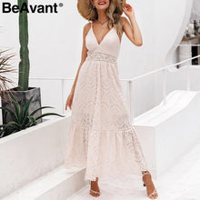 將圖片載入圖庫檢視器 BeAvant Embroided Cotton White Summer dress Women Sexy v neck spaghetti strap long dress High waist button casual dress female