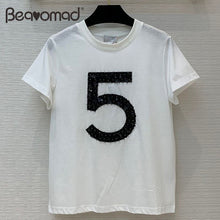 將圖片載入圖庫檢視器 Bearomad Summer Top Quality Women's Cotton T-shirt Gorgeous Beading Tops Shirts Loose Short Sleeve T-shirts 2021