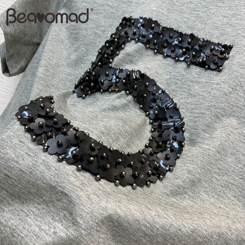 Bearomad Summer Top Quality Women's Cotton T-shirt Gorgeous Beading Tops Shirts Loose Short Sleeve T-shirts 2021