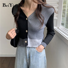 Load image into Gallery viewer, Beiyingni 2021 Autumn Winter Sexy Short Cardigan Women Sweater Single-breasted Gray Black Spell Color Long Sleeve Crop Top Girls